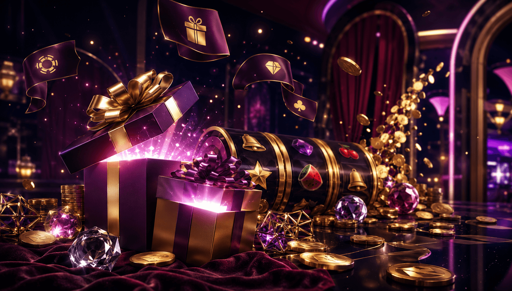 Online casino bonus rewards with free spins, cashback, and gift visuals