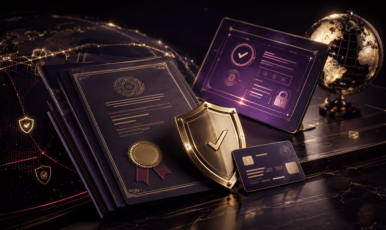 Casino licensing and account verification documents with security checks